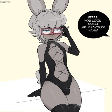 1boy, androgynous, anthrofied, bulge, bunny ears, femboy, feminine male, flat chest, furry, girly, glasses, grey fur, male, ms pigtails, original