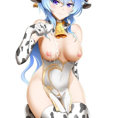 1girls, breasts, cow ears, cow girl, cow print, cowbell, cowgirl, female, ganyu (genshin impact), genshin impact, kimmy77, milk, milk bottle, milk on breasts, nipples