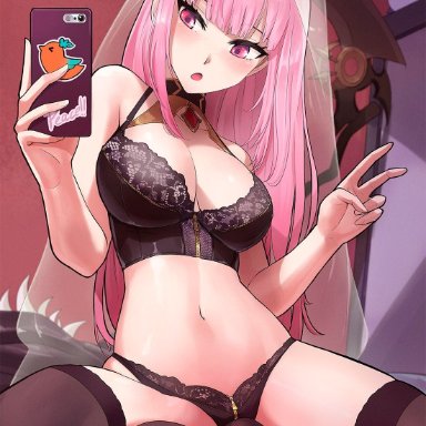 bed, black lingerie, blush, blushing, calliope, dirtyero(artist), hololive, hololive english, mirror selfie, mori calliope, peace sign, pink eyes, pink hair, smartphone, white skin