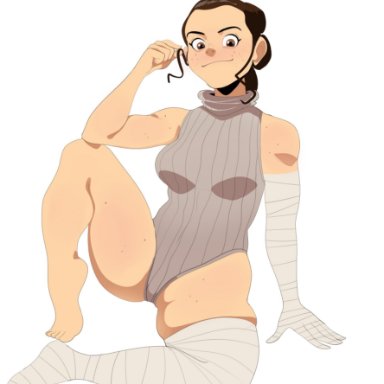 armwear, bandages, barrybbeesly, breasts, brown eyes, brown hair, freckles, hair bun, hand to head, looking at viewer, playing with hair, rey, smile, star wars, sweater