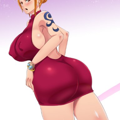 ass, big breasts, dat ass, dress, looking back, mikanberry, nami, one piece, red dress, tight clothing