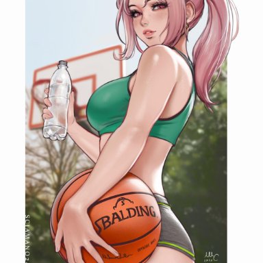 2020s, 2021, artist name, ball, bare shoulders, basketball, basketball hoop, blush, border, bottle, brand name imitation, breasts, chloe (sciamano240), cowboy shot, earrings