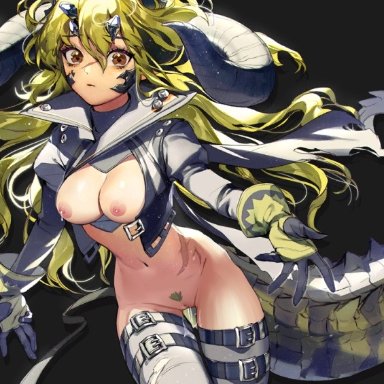 brown eyes, curved horns, estelle (arknights), half human, half naked, half nude, half-human, horns, lizard tail, medium breasts, scars, uncensored, yellow hair