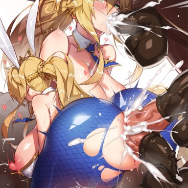 1girls, 3animals, 3boys, anal, anal sex, areolae, artoria pendragon, artoria pendragon (swimsuit ruler), balls, big ass, big breasts, big penis, big testicles, blonde hair, blowjob