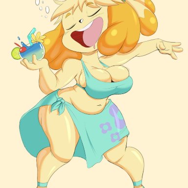 alone, animal crossing, belly bulge, belly button, belly dancer, big butt, canid, canine, chubby, cleavage, dancing, dress, drinking, female, huge boobs