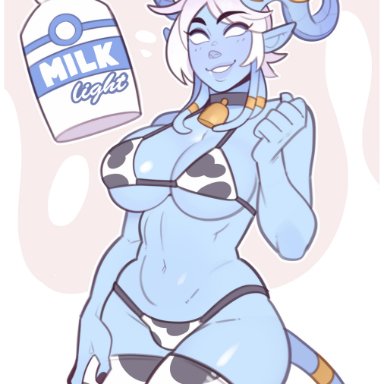 1girls, big breasts, bikini, breasts, cleavage, cow print, draenei, female, female only, large breasts, solo, splashbrush, thick thighs, thighhighs, wide hips