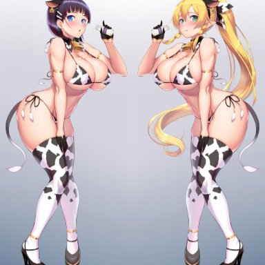 2girls, absurd res, animal ears, animal print, bangs, bare shoulders, bell, bell collar, big breasts, bikini, black footwear, black gloves, black hair, blonde hair, blue eyes