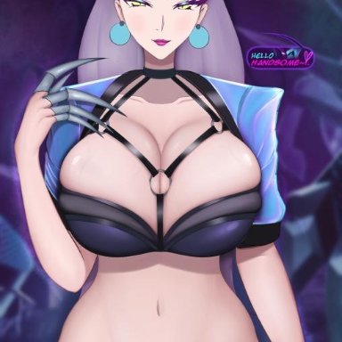 bangs, barely contained, big breasts, claws, cleavage, comic, curvaceous, curvy, demon, demon girl, dialogue, evelynn, female, hourglass figure, huge breasts