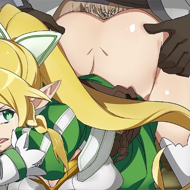 ambiguous penetration, arched back, blonde hair, doggy style, elf, forced sex, green eyes, leafa, long hair, looking at partner, looking back, no bra, no panties, pubic hair, rape