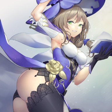 arm up, armpits, black gloves, black legwear, black panties, book, breasts, brown hair, cleavage, clenched teeth, commentary request, female, genshin impact, gloves, green eyes