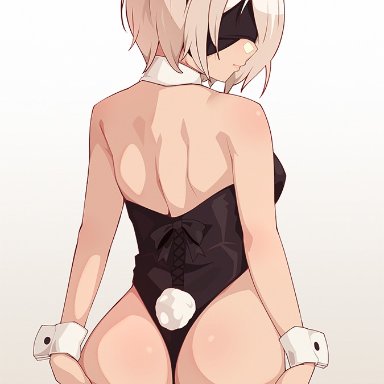 1girls, android, ass, big ass, bunny ears, bunny tail, bunnysuit, darahan, looking at viewer, looking back, nier, nier: automata, tagme, thighhighs, white hair