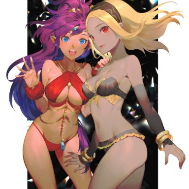 2girls, absurd res, alternate costume, arm warmers, ass, bare legs, bare shoulders, between breasts, bikini, blonde hair, blue eyes, blush, bra, bracelet, breasts