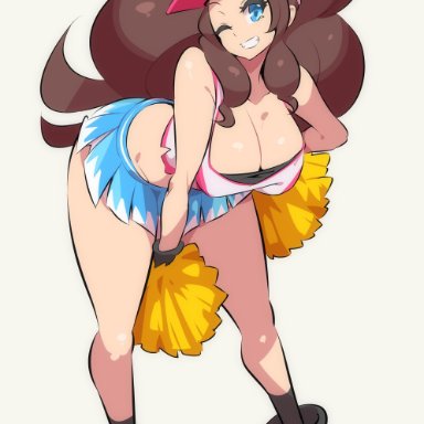 1girls, big breasts, blue eyes, boots, breasts, brown hair, cheerleader, cheerleader uniform, curvy figure, eye contact, female, hat, high resolution, hilda (pokemon), long hair