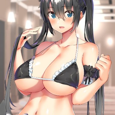 1girls, arm garter, b-ginga, bangs, bare shoulders, bikini, black bikini, black hair, blue eyes, blurry, blurry background, blush, body mahattaya ginga, bra, breasts