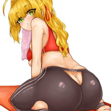 ass window, big ass, big breasts, big butt, blonde hair, fat ass, fate (series), fate/extra, fate/grand order, green eyes, huge ass, huge butt, kneeling, looking at viewer, looking back