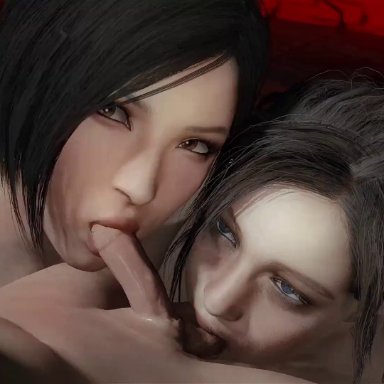 ada wong, animated, ball sucking, claire redfield, cum, cum in mouth, double fellatio, fellatio, resident evil, resident evil 2, resident evil 2 remake, small penis, small penis adoration, tagme, video