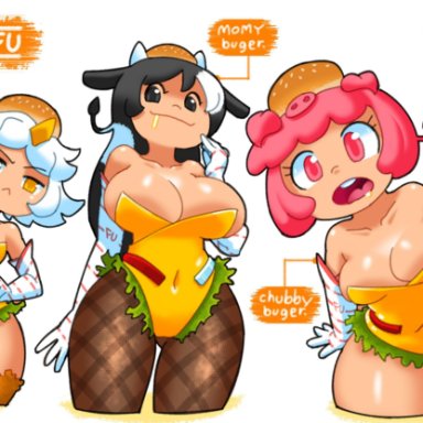 3girls, big breasts, black hair, breasts, burger, cheese, chicken, cleavage, clothing, costume, cow ears, cow girl, curious, dialogue, drooling