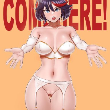 aestheticc-meme, blush, bra, breasts, censored, full body, gloves, highres, huge breasts, kill la kill, large penis, lingerie, looking at viewer, matoi ryuuko, meme