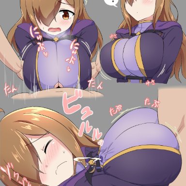 ?, 1boy, ahoge, blush, breast grab, breast squeeze, breasts, brown eyes, brown hair, closed eyes, clothed female nude male, clothed sex, clothing cutout, cum, ejaculation