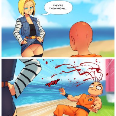 2boys, 2girls, 4koma, android 18, big breasts, blonde hair, blood, blue eyes, breasts, cleavage, clothed, comic, dragon ball, english text, highres