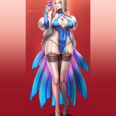 1girls, ahri, badcompzero, big breasts, breasts, cleavage, female, female only, large breasts, league of legends, thick thighs, thighhighs, wide hips