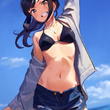 1girls, beach, bikini, bikini top, black bikini, black hair, blue sky, blush, breasts, clothing, cowboy shot, denim, denim shorts, female, female focus