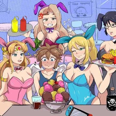 1boy, 4girls, angry, bayonetta, bayonetta (character), bunnysuit, cleavage, crossover, goddess, huge breasts, karbuitt, kid icarus, kirby, kirby (series), metroid