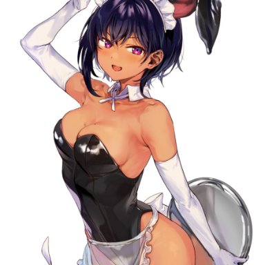 :d, 1girls, 2020, animal ears, apron, arm behind back, arm up, armpits, bare shoulders, black hair, breasts, bunny ears, bunny girl, bunnysuit, cleavage