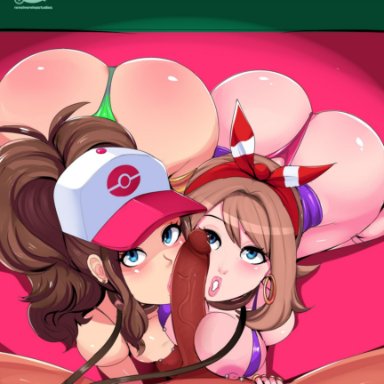 1boy, 2girls, alternate breast size, ass, ball sucking, big penis, brown hair, cap, clothed female nude male, eye contact, green panties, hat, high resolution, hilda (pokemon), human