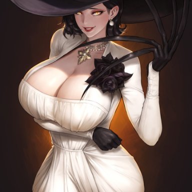 alcina dimitrescu, black hair, breasts, busty, capcom, claws, cleavage, dress, female, gloves, glowing eyes, hat, jewelry, large breasts, looking at viewer