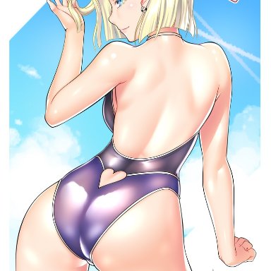 1girls, 2boys, android 18, ass, back view, big ass, butt, dragon ball, dragon ball z, etchimune, female, krillin, male, master roshi, nosebleed