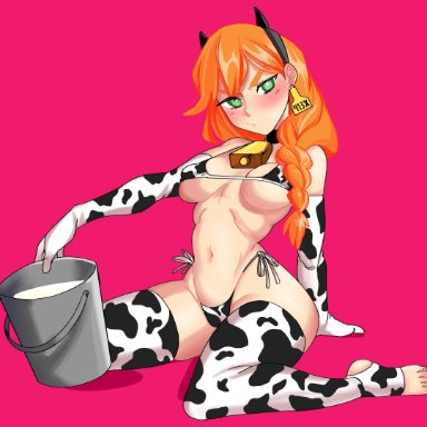 1girls, alex (minecraft), alternate version available, bikini, breasts, bucket, bucket of milk, cow print, female, female only, minecraft, orange hair, void dot exe