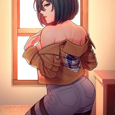 1girls, attack on titan, looking back, mikasa ackerman, seductive, tagme