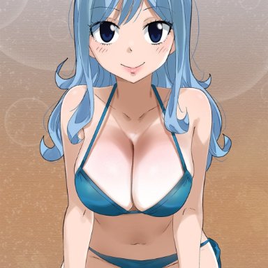 big breasts, blue eyes, blue hair, fairy tail, gaston18, juvia lockser, pointing at viewer, smile, swimsuit, thick thighs