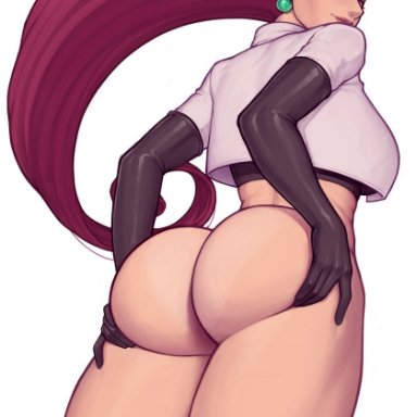 1girls, ass, asura (artist), big ass, female, female only, jessie (pokemon), looking at viewer, looking back, pawg, pokemon, pokemon rgby, solo, team rocket, thick thighs