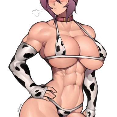 1girls, abs, absurdres, anger vein, animal print, arm at side, bikini, blue eyes, blush, breasts, cleavage, collar, cow horns, cow print, detached sleeves