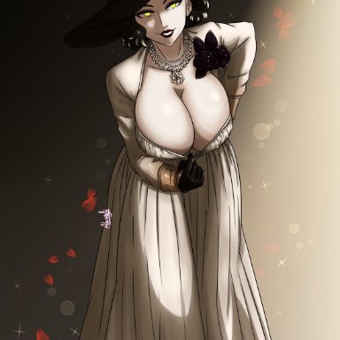 alcina dimitrescu, alunzuli, black hair, breasts, busty, capcom, cleavage, dress, female, gloves, hat, jewelry, large breasts, looking at viewer, resident evil