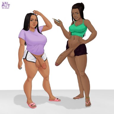 2futas, bbc, big penis, black hair, clothed, clothed female, clothing, dark-skinned futanari, futa only, futanari, hand on hip, hourglass figure, looking at viewer, penis size difference, short shorts