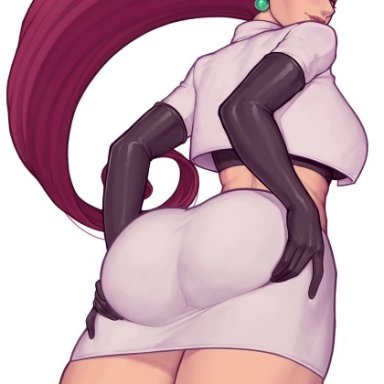 1girls, ass, asura (artist), big ass, female, female only, jessie (pokemon), looking at viewer, looking back, pawg, pokemon, pokemon rgby, solo, team rocket, thick thighs