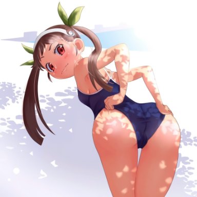 1girls, ass focus, bakemonogatari, bent over, black hair, flat chest, hachikuji mayoi, hand on ass, long hair, one-piece swimsuit, red eyes, smile, solo, swimsuit