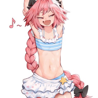 1boy, 2021, armpits, arms behind head, astolfo (fate), bikini, braid, crossdressing, fate (series), fate/grand order, femboy, long hair, male, male only, midriff