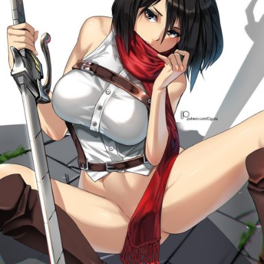 attack on titan, big breasts, bottomless, cigusa, convenient censoring, mikasa ackerman, red scarf, tagme