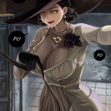 alcina dimitrescu, black hair, breasts, brz, busty, capcom, claws, cleavage, dress, female, gloves, hat, jewelry, large breasts, looking at viewer