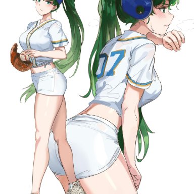 1girls, absurdres, alternate costume, ass, baseball, baseball cap, baseball helmet, baseball mitt, baseball uniform, blush, breasts, commentary, female, fire emblem, fire emblem: the blazing blade