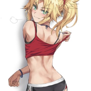 1girls, ass, back, bangs, bare shoulders, black shorts, blonde hair, blush, braid, breasts, camisole, closed mouth, dolphin shorts, fang, fang out