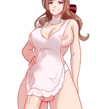 1futa, apron, areola slip, areolae, backstreetcrab, balls, big breasts, big penis, breasts, clothed, clothing, dickgirl, erection, futa only, futanari