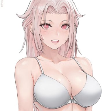 bra, breasts, chloe (sciamano240), cleavage, female, freckles, long hair, open mouth, original, original character, pink eyes, pink hair, sciamano240, simple background, solo