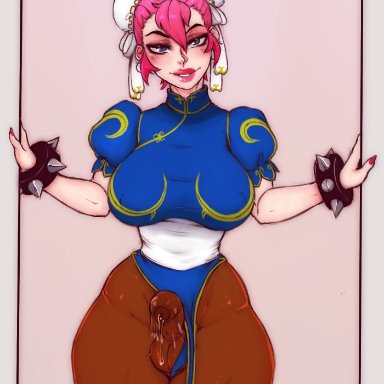 1futa, balls, big penis, breasts, bulge, chun-li, chun-li (cosplay), clothed, clothing, dickgirl, erection, erection under clothes, final fight, fully clothed, futa only