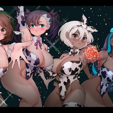 4girls, bea (pokemon), big breasts, cow bikini, cow print, curvy figure, female, gloria (pokemon), huge breasts, large breasts, long hair, marnie (pokemon), nessa (pokemon), nintendo, pokemon