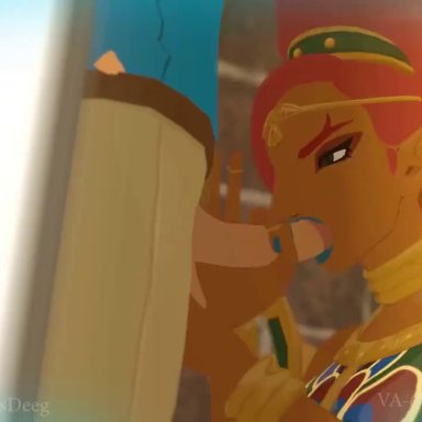 3d, animated, blue lipstick, dark skin, fellatio, gerudo, green eyes, link, lipstick, nintendo, pointy ears, red hair, shamelessdeeg, sound, tagme